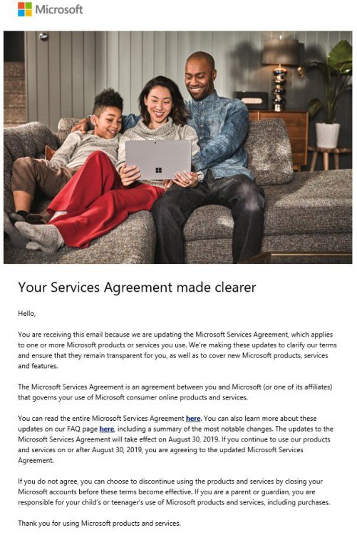 New Microsoft Services Agreement will take effect on August 30, 2019