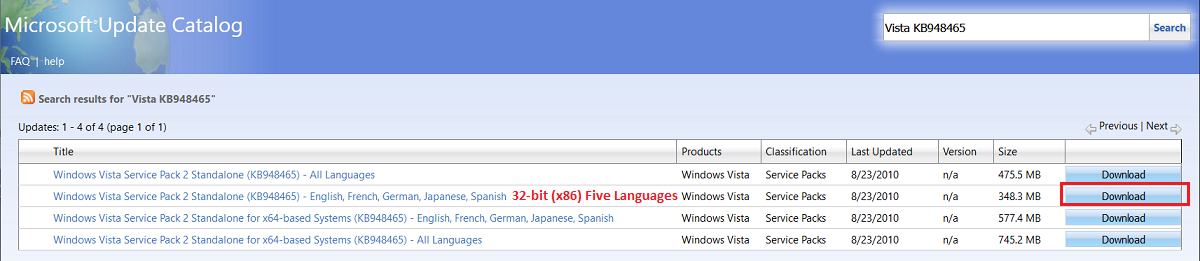 Microsoft Update Catalog Vista Service Pack 2 KB948465 29 Dec 2020.png