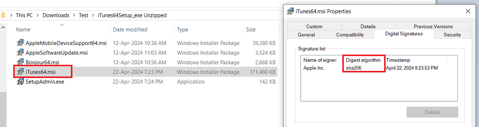 Win 10 Pro v22H2 File Explorer Unzipped iTunes64_msi 12_13_2_3 Properties SHA-256 Only 21 May ...png